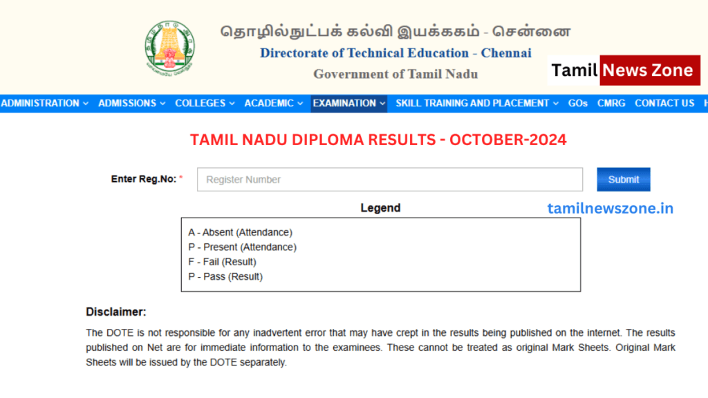 Tamilnadu Diploma Result October 2024
